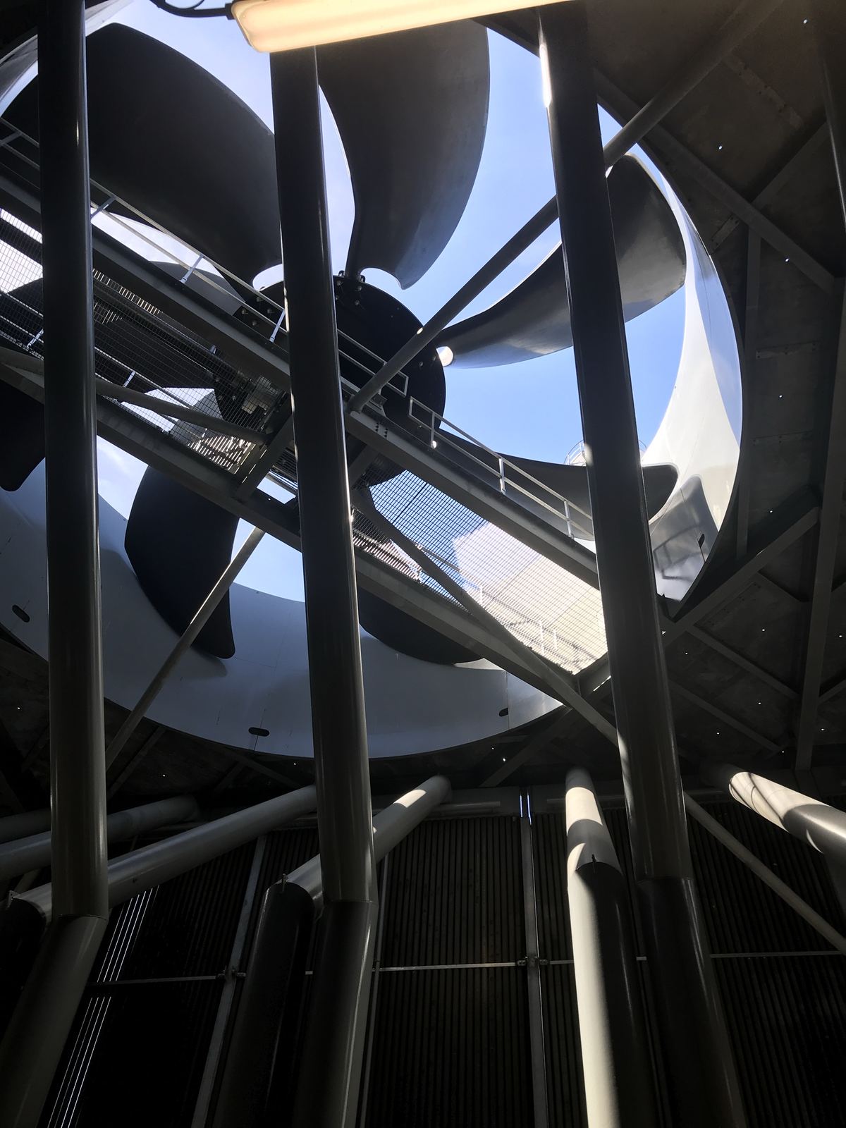 Large cooling fan seen from below