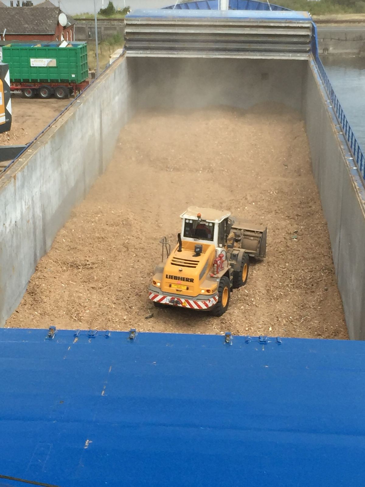 Loader levelling cargo in a ship's hold